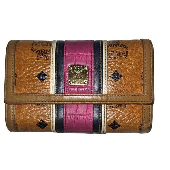 MCM Handbags - MCM Germany Monogram Munchen Visetos Pink Brown Stripes Bi-fold Wallet Luxury